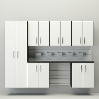 13 Piece Slatwall Panel, Tall Cabinet, Bin & Jumbo Workstation Storage Set - White Slatwall / White Cabinets