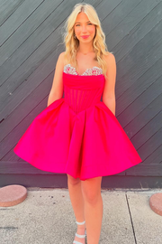 Trendy Fuchsia Homecoming Dress Corset A Line Strapless Short Prom Dress with Beadings