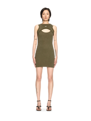 Green Stamp Ribbed Cut-Out Dress