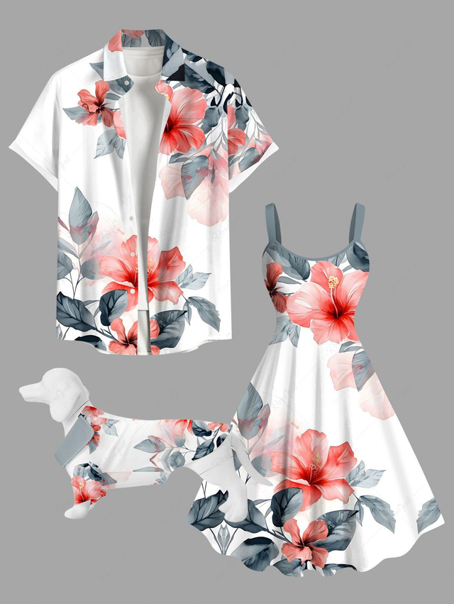 Tropical Leaf Hibiscus Flower Print Hawaii Dog and Owner Matching Outfits