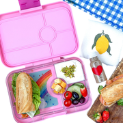Leakproof Yumbox Tapas Bento Lunch Box - 4 Compartment - Capri Pink with Rainbow Tray