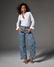 Floral Sequin Wide Leg Jean Medium Wash/Silver