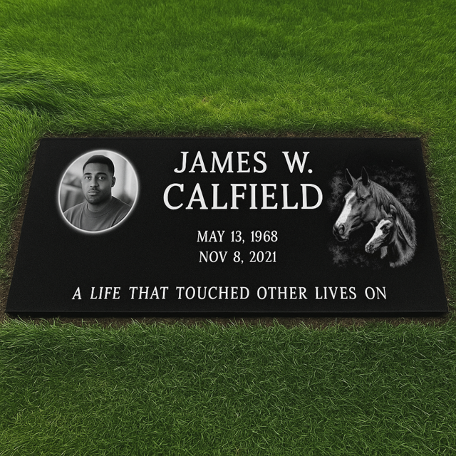 Black Granite (Free Photo!) Single Grass-Level Headstone / 20" Long x 10" Wide x 3" Thick