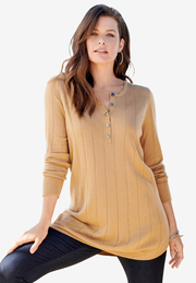 Fine Gauge Drop Needle Henley Sweater