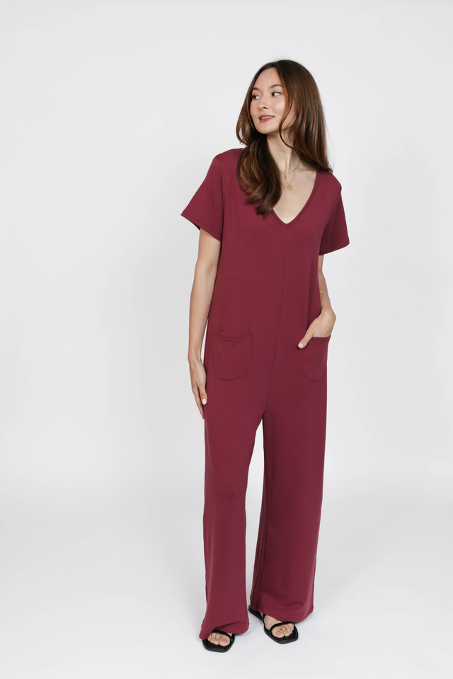 Terry Wide Leg Romper in Dark Cranberry