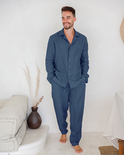 Men's linen pajama set VIGO in Deep Navy Blue