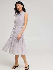 Sleeveless Ditsy Floral Button-Front Chiffon Dress