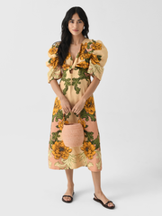 Farm Rio Women's Delicate Flower Arabesques Short Sleeve Midi Dress