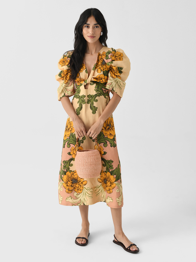 Farm Rio Women's Delicate Flower Arabesques Short Sleeve Midi Dress