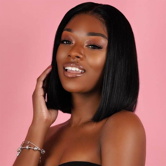 Straight Bob Lace Frontal Wig 180% Density Natural Black Hair For Women