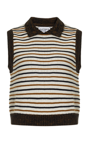 Striped Cotton-Blend Mesh Collared Tank Top