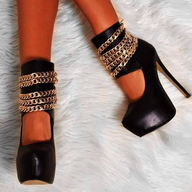 Black Platform Stiletto Heels Gold Chains Decor Cut Out Ankle Boots