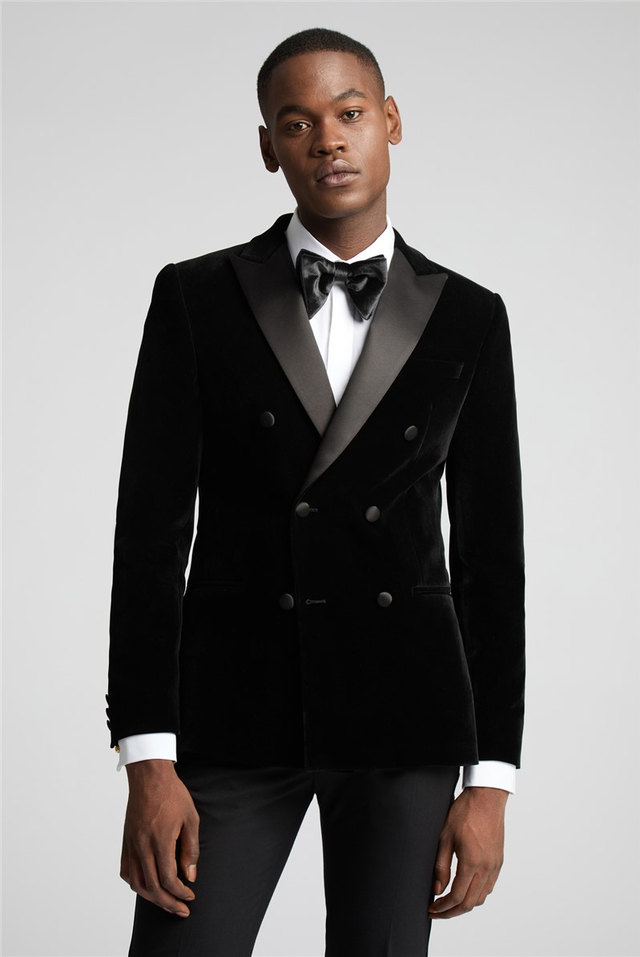 Slim Fit Black Velvet Double Breasted Jacket