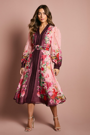 Long Sleeve Organza Midi Dress With Belt