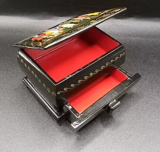 Vintage Russian Lacquer Box & Drawer "Dancing" Hand Painted Signed by Artist 