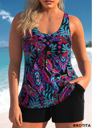 ROTITA Lace Up Black Paisley Print Tankini Set