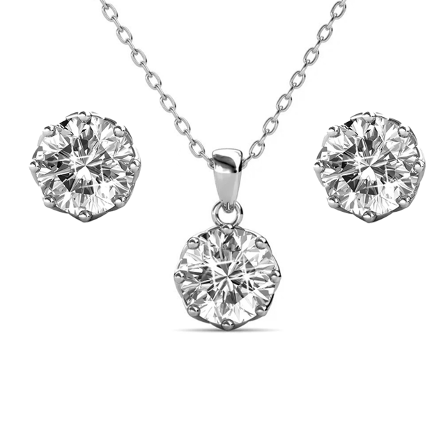Eden 18k White Gold Plated Silver Necklace and Stud Earring Set with Swarovski Crystals