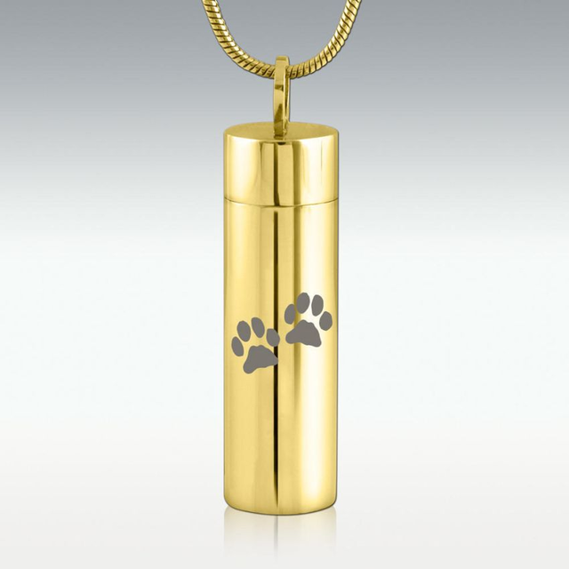 Paw Print Gold Cylinder Stainless Steel Cremation Jewelry