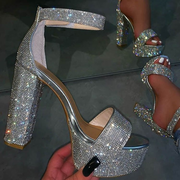 Rhinestone Platform Sandals Silver Chunky Heeled Prom Shoes for Women
