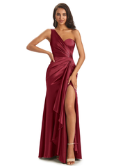 Elegant Soft Satin Side Slit One Shoulder Unique Mermaid Bridesmaid Dresses Online