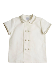 Linen Boys Celebration Shirt in White with Beige Piping