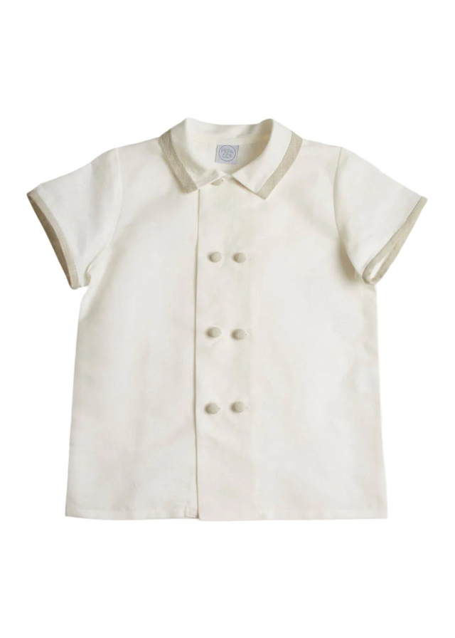 Linen Boys Celebration Shirt in White with Beige Piping