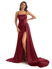 Sexy Soft Satin Side Slit Spaghetti Straps Long Mermaid Bridesmaid Dresses Online