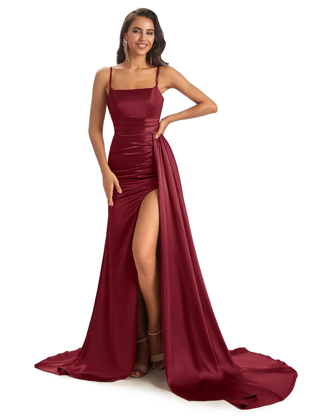 Sexy Soft Satin Side Slit Spaghetti Straps Long Mermaid Bridesmaid Dresses Online