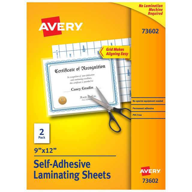 Avery® Clear Laminating Sheets, 9" x 12", Permanent Self-Adhesive, 2 Sheets (73602)