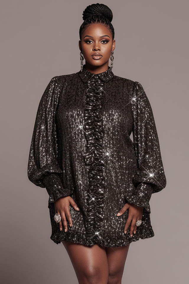 Xpluswear Design Plus Size Party Black Shirt Collar Long Sleeve Ruffle Sequin Mini Dresses [Pre-Order]
