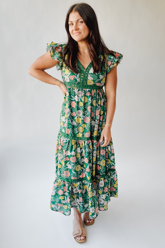 The Azula Tiered Floral Maxi Dress in Green