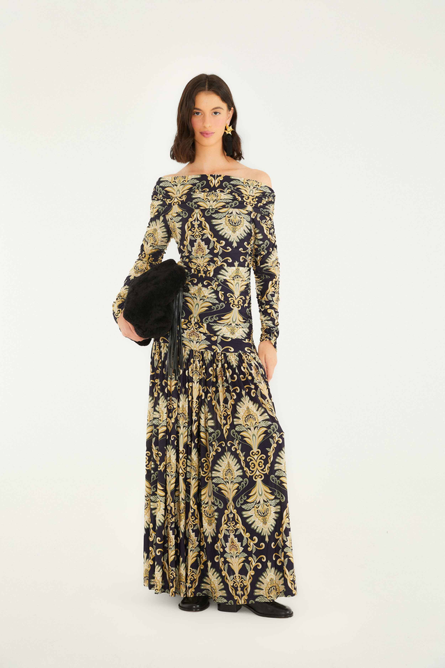 Navy Blue Wonderful Arabesque Off-Shoulder Maxi Dress