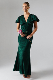 V Neck Angel Sleeve Satin Jacquard Bridesmaids Dress