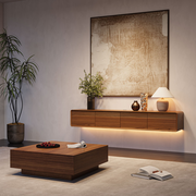 Mid-Century Modern Floating TV Stand with Coffee Table, Walnut Color Living Room Sets with LED Lights, 70.87" TV Console + 35.43“ Coffee Table