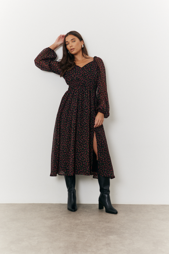 Floral Print Chiffon Milkmaid Midi Dress