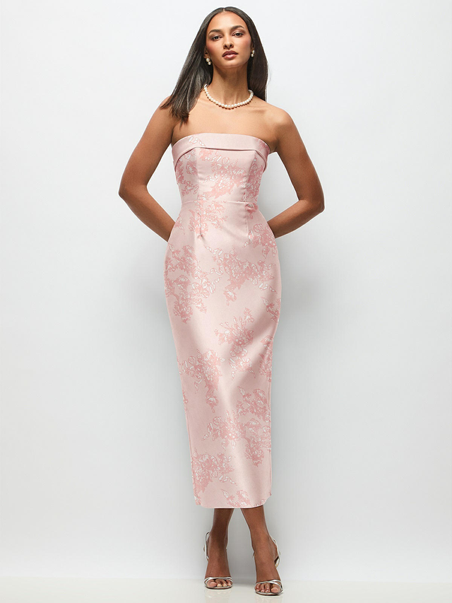 Strapless Cuff Floral Satin Midi Dress with Column Skirt & Back Bow