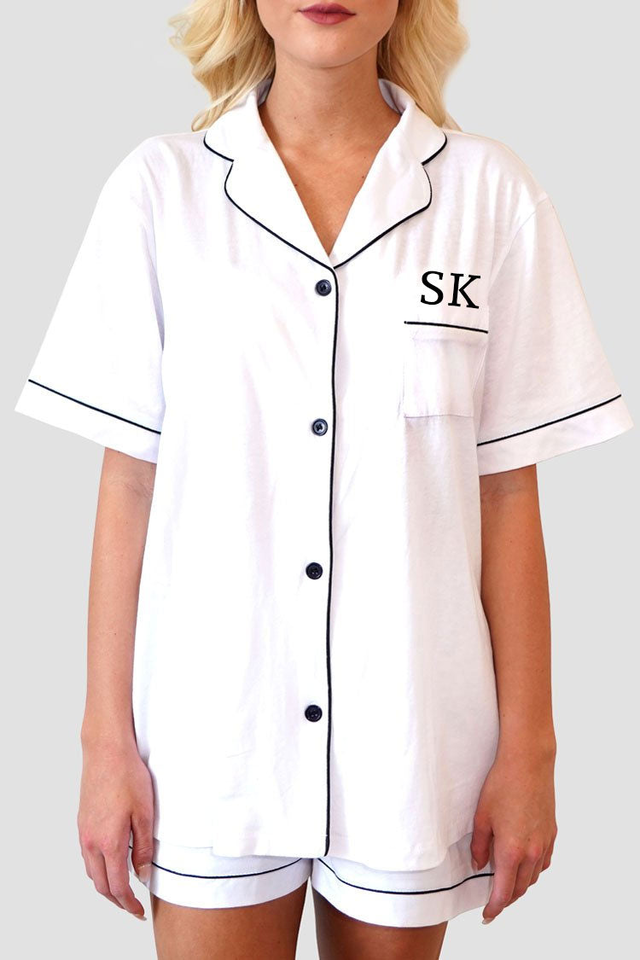 Pajama Set Shorts -White with Black Trim PJ Set