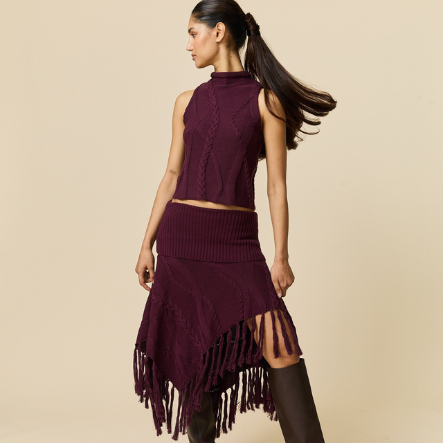 Women's Cotton Cable Fringe Skirt Wine