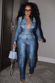 Imitated Denim Print Long Sleeve Button Up Straight Leg Jumpsuit-Blue