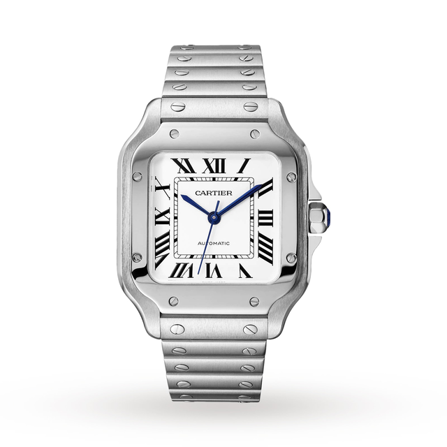 Santos De Cartier Watch Medium Model, Automatic Movement, Steel, Interchangeable Metal And Leather Bracelets