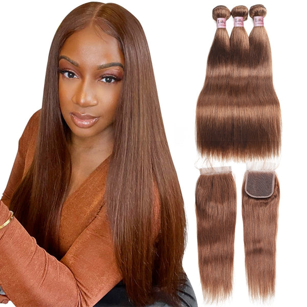 Brown Colored Hair Bundles with Closure Body Wave Human Hair 3 Bundles with Lace Closure