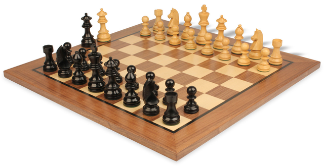 German Knight Staunton Chess Set Ebonized & Boxwood Pieces with Classic Walnut Board - 2.75" King