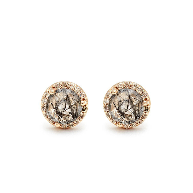 Rosette Stud Earring (Medium) - 14k Gold, Black Rutilated Quartz & Champagne Diamond