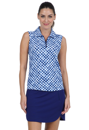 Gingham Check Print Sleeveless Polo