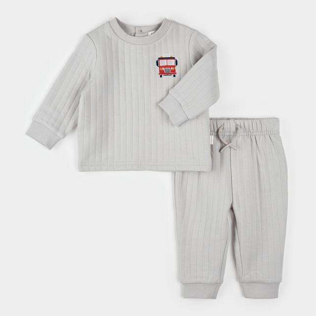 Fire Truck Print on Grey Quilted Jersey Set