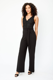 Lace Scalloped V-Neck Sleeveless Jumpsuit with Tie-Belt