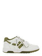 'Out of Office' White Low Top Sneakers with Arrow Motif and Zip-Tie Tag in Leather Man