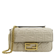 FENDI Baguette Leather Chain Shoulder Bag Light Beige