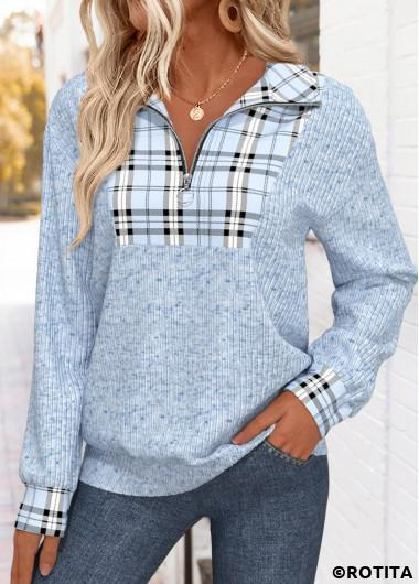 ROTITA Plaid Light Blue Turn Down Collar Long Sleeve Sweatshirt