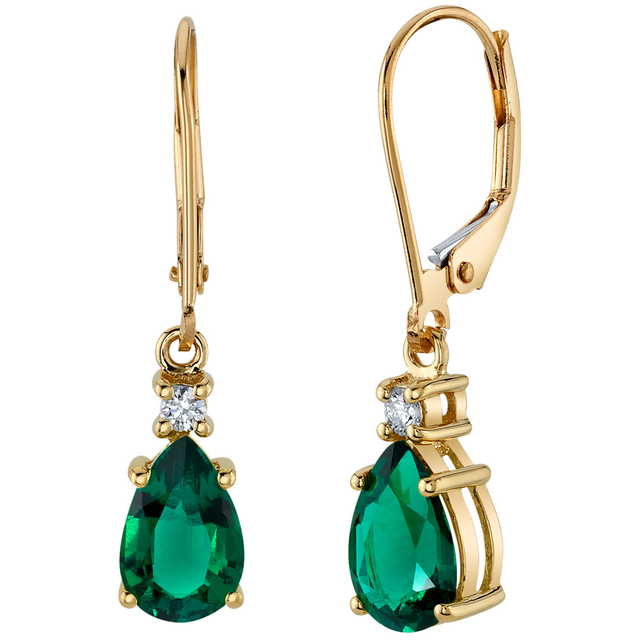 Teardrop Emerald and Diamond Leverback Earrings 14K Yellow Gold 2.50 Carats Total